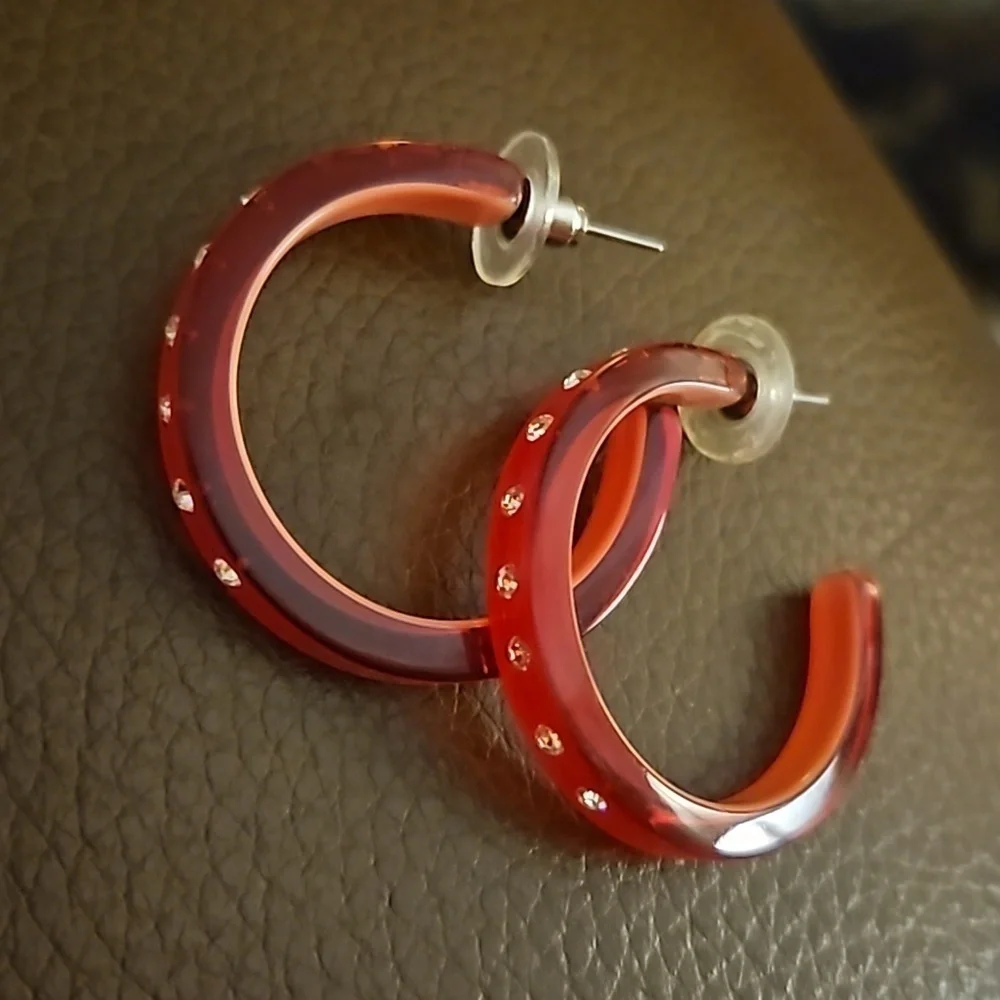 Vtg Red Rhinestone Acrylic Hoop Earrings